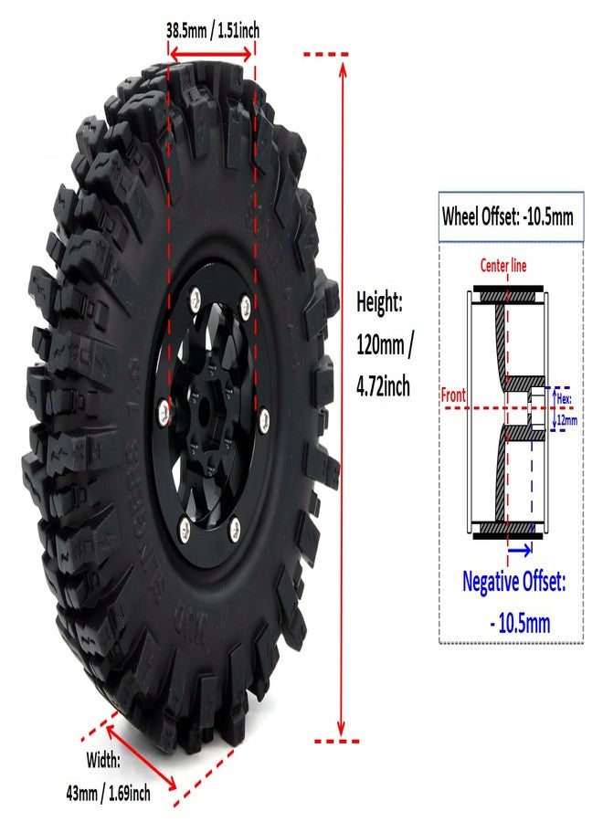 hobbysoul عجلات وإطارات HOBBYSOUL 1.9 Beadlock بارتفاع 120 مم، إطارات وعجلات Mud Slingers T8 مقاس 1.9 بوصة - إزاحة سالبة 10.5 مم لترقيات سيارات التحكم عن بعد 1/10 SCX10 TRX4 Gen8، (عبوة من 4 قطع، HS701501) - Image 2